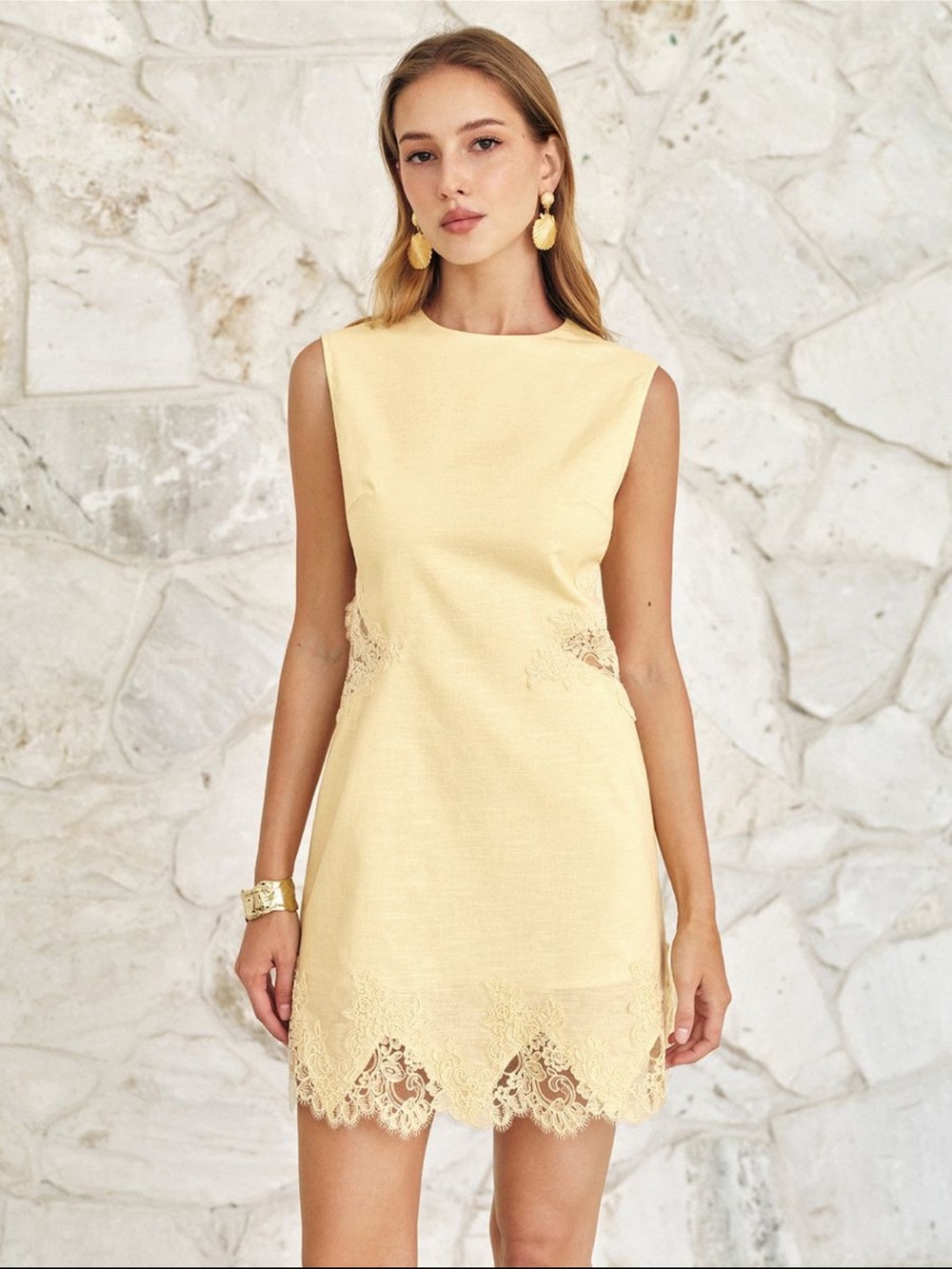 Commense Pale Yellow Lace-Trim Mini Dress